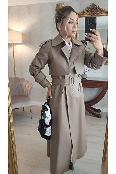 MADAMMERY Deri Dokulu Kruvaze Kadın Tasarım Trençkot