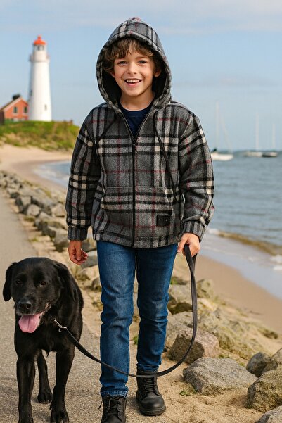 Cloise Seasonal hooded plaid cardigan Anthracite