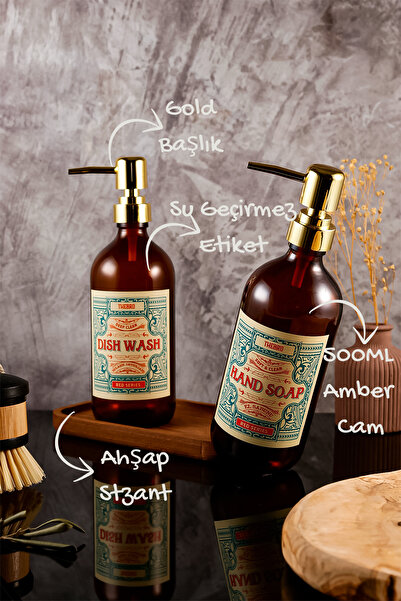 TheBRo 500ML Ahşap Stantlı Amber Renkli Red Serisi Gold Başlıklı El Sabunu ve...