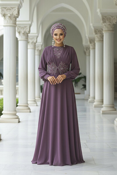 Neva Style Lace Dried Rose Hijab Evening Dress 9118Gk