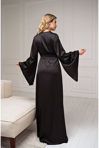 Juwana Women's Black Silky Satin Long Kimono - Bridal Robe