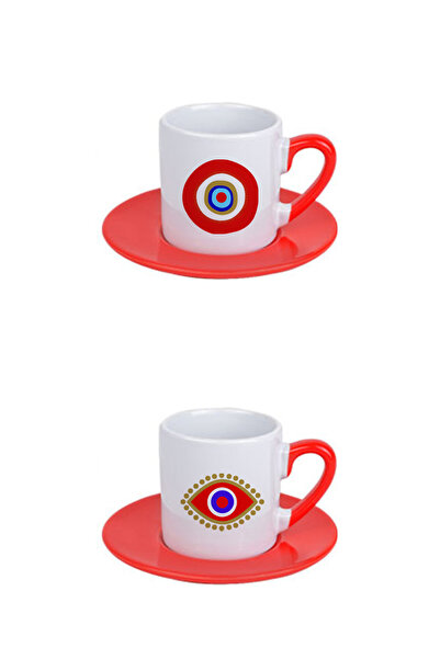 giftkonsept Evil Eye Bead Patterned Printed Red Set of 4 Porcelain Turkish Coffee Cups