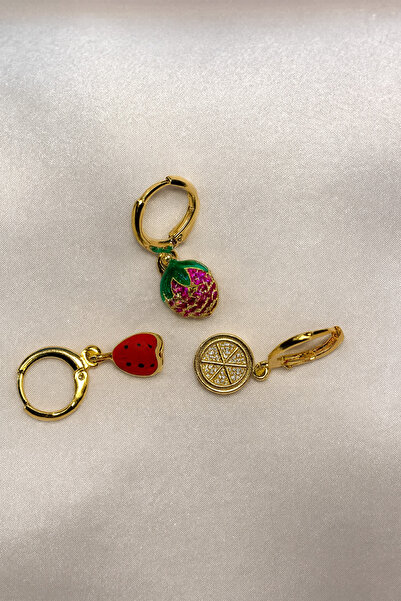 Z&T ACCESORIES KARPUZ ÇİLEK TAŞLI SET KÜPE ÇELİK