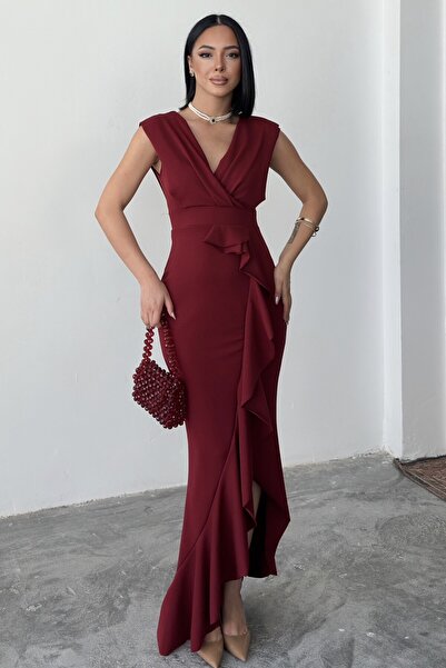 ALFUDO Moda Collection Kadın Bordo Scuba Dalgıç Kumaş Kruvaze Yaka Eteği Volanlı Abiye Mezuniyet Nikah Elbise