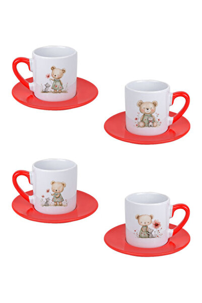 giftkonsept Cute Teddy Bear and Cat Printed Red 4-Piece Porcelain Turkish Coffee Cup Set