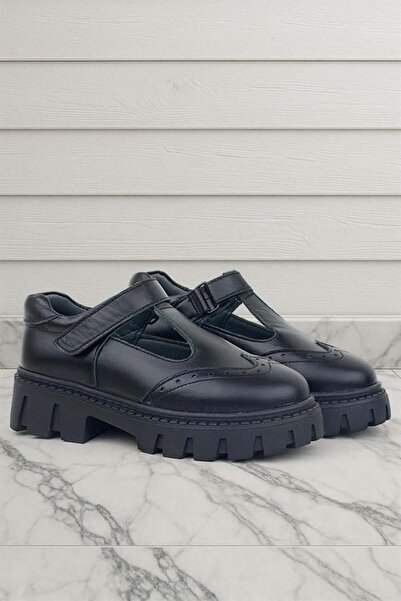 Rakerplus Genuine Leather Black Velcro Girls' School Shoes