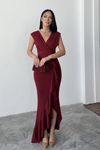 ALFUDO Moda Collection Kadın Bordo Scuba Dalgıç Kumaş Kruvaze Yaka Eteği Volanlı Abiye Mezuniyet Nikah Elbise