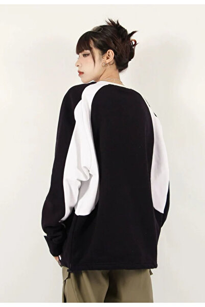 Touz سويت شيرت Y2K Streetwear مطبوع باللون الأسود للجنسين ذو رقبة دائرية كبيرة الحجم