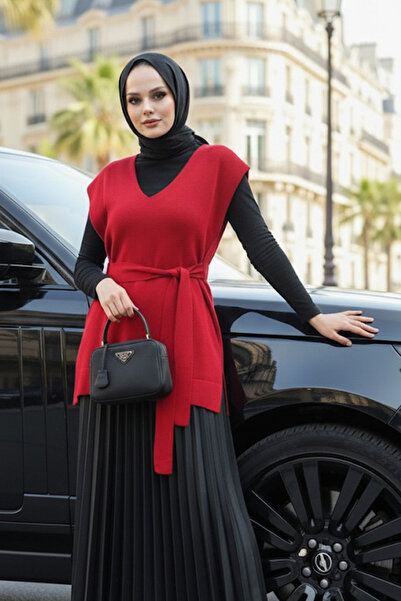 Neva Style سترة تريكو حجاب عنابي بحزام 46500br