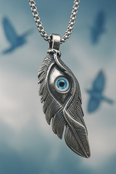 voyageaccessory Stainless Steel Evil Eye Detailed Angel Wing Feather Necklace