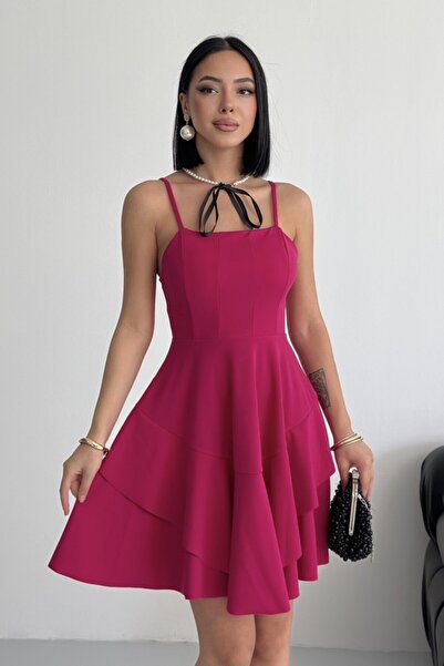 ALFUDO Moda Collection Rochie de seară fucsia cu bretele subțiri și detaliu p...