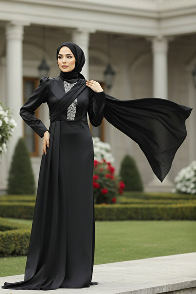 Neva Style Black Satin Hijab Evening Dress with Tail 22891S