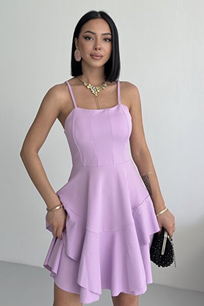ALFUDO Moda Collection Ince Askılı Eteği Kat Detay Lila Abiye Mezuniyet Elbisesi