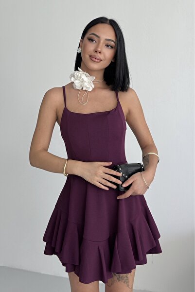 ALFUDO Moda Collection Ince Askılı Eteği Kat Detay Mor Abiye Mezuniyet Elbisesi
