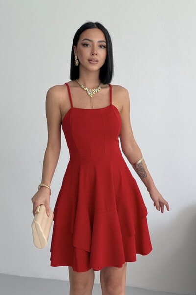 ALFUDO Moda Collection Ince Askılı Eteği Kat Detay Kırmızı Abiye Mezuniyet Elbisesi