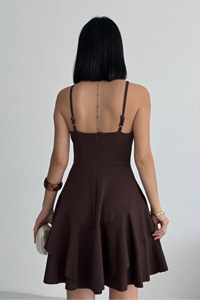 ALFUDO Moda Collection Ince Askılı Eteği Kat Detay Kahverengi Abiye Mezuniyet Elbisesi