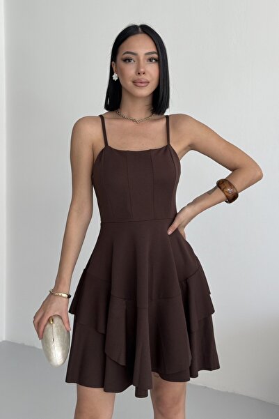ALFUDO Moda Collection Ince Askılı Eteği Kat Detay Kahverengi Abiye Mezuniyet Elbisesi