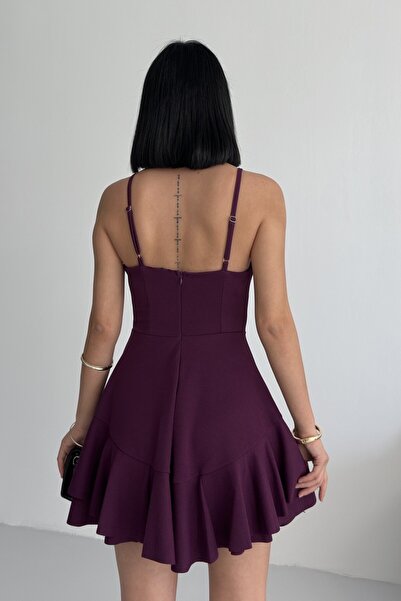 ALFUDO Moda Collection Ince Askılı Eteği Kat Detay Mor Abiye Mezuniyet Elbisesi