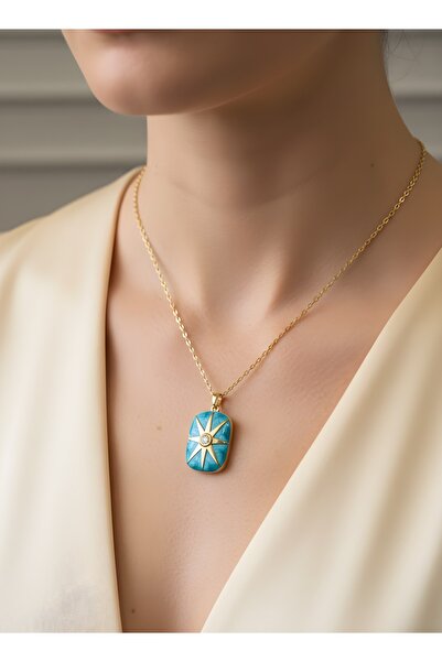 Store Yüzde Yüz Çelik Zincir Altın Kaplama Zirkon Taşlı Mavi Açılabilir Kolye