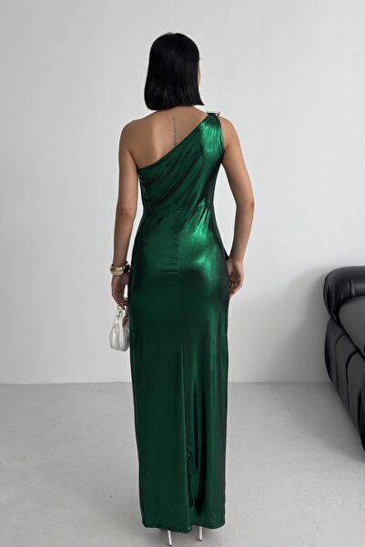 ALFUDO Moda Collection Women's Shoulder Accessory Flounce Slit Shiny Fabric Evening Dress Graduation Wedding Emerald Green Dress