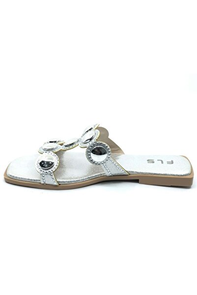 KOCAMANLAR Feles Thin Sole Stone Detailed Women's Slippers Silver