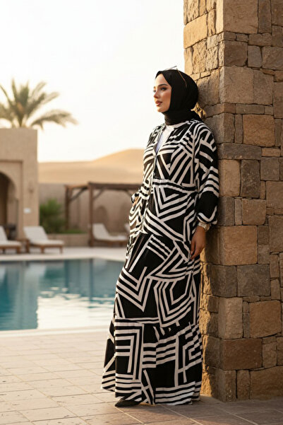 Neva Style White Patterned Hijab Dress - 23583b