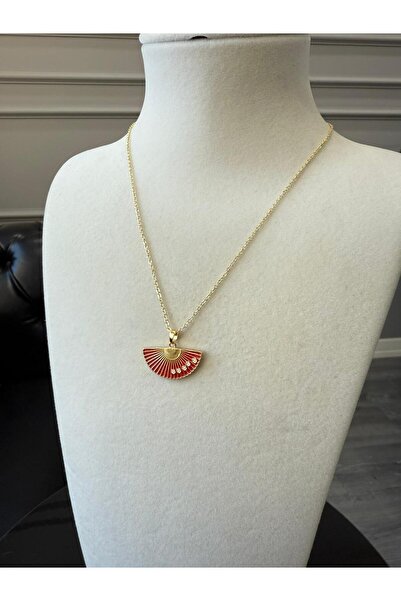 Store Yüzde Yüz Çelik Zincir Şık ve Zarif Zirkon Taşlı Kırmızı Yelpaze Kolye