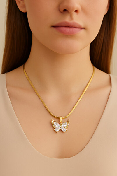 PİRLENTO قلادة نسائية ذهبية مزينة بحجر الزركون على شكل فراشة - تصميم أنيق وراقي