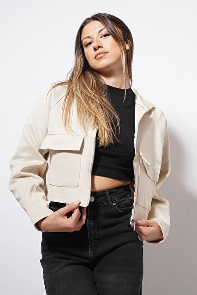 CKM MODA جاكيت بيبنير سكوبا بغطاء وجيب بلون الكريمي