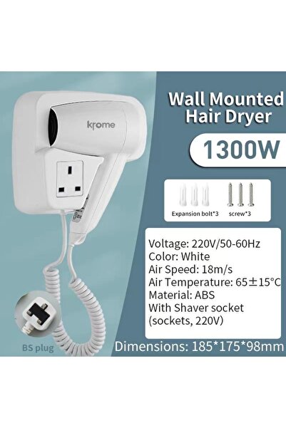 Krome مجفف شعر للحمامات والمنازل والفنادق مع مقبس ماكينة حلاقة - 1300 واط