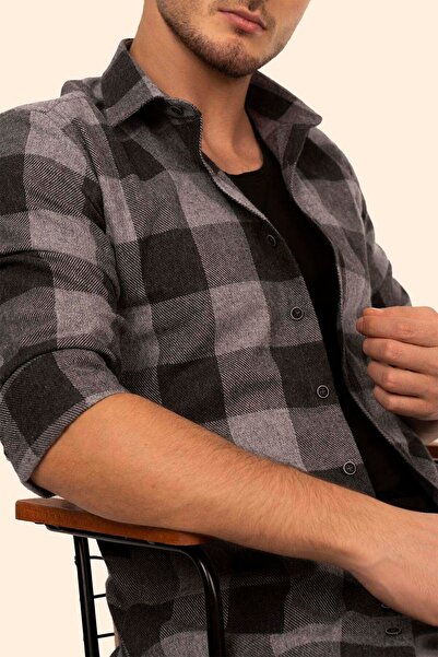 Etikmen Černá kouřová šachovnicová dřevorubecká pánská košile Slimfit
