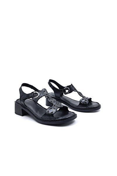 Bulldozer Genuine Leather Velcro Women's Black Heeled Sandals