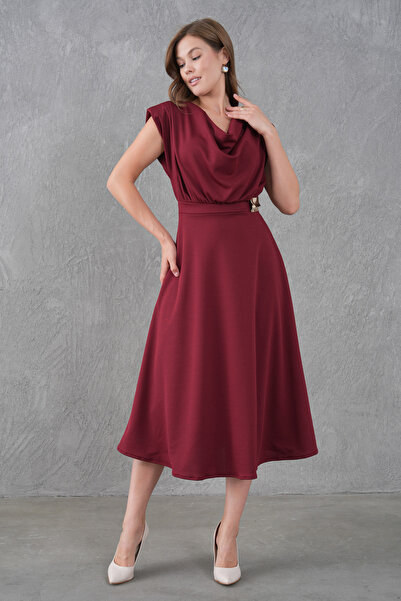 barış sülün lovebox Women's Burgundy Stretch Crepe Fabric Degaje Collar Shoulder Padded Midi Flared Evening Dress 77129