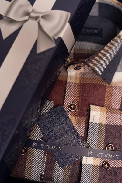 Etikmen Férfi favágó ing - sötétkék, bordópiros mintás, díszdobozban