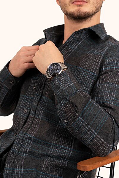 Etikmen Ανοιχτό μαύρο πράσινο ριγέ Slimfit πουκάμισο χειμερινό ξυλοκόπο με κουτί δώρου