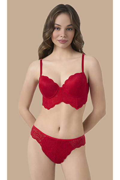 BÜŞRA Red Lace Detailed Comfortable Push-Up Bra Panty Set-Boxed