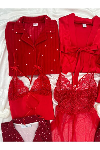Lena Homewears 11 Pieces Red Satin Giant Sleepwear Set - Nightgown and Dressing Gown Lingerie Dowry