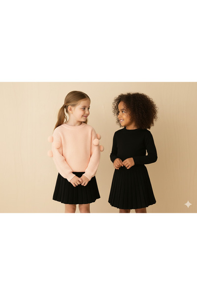 Nimini Kids New Season Flexible Crew Neck Pompom Sweater and Knitwear Pleated Detailed Skirt Top and Bottom Set (2-8 Years Old)