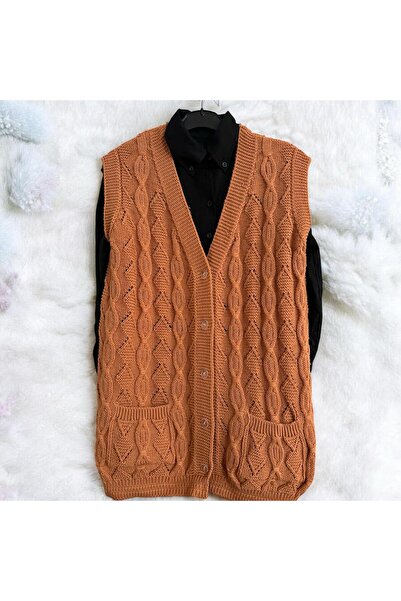Çeyizcim Orange Knitwear Knitted Vest with Pockets and Buttons