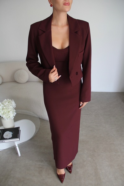 Julidress Комплект от рокля без презрамки в цвят слива и къса яке с премиум д...