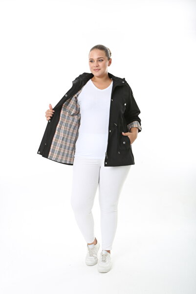 TUTveAL Collection Water Resistant Trench Coat, Hooded, Plaid, Black Trench Coat Bonded Fabric Trench Coat, Black