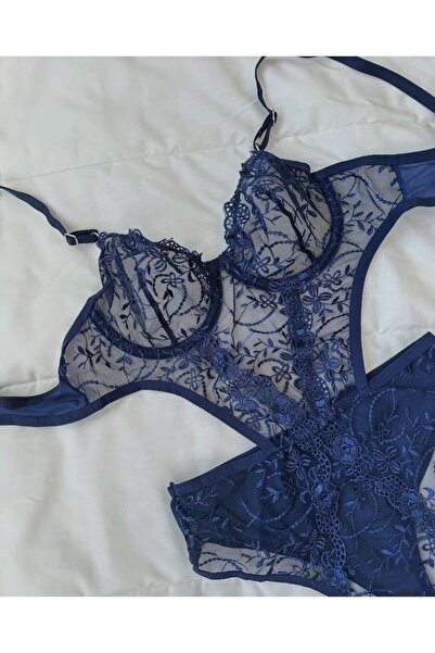 ARONA Çiçek Desenli Dantelli Fantezi Bodysuit Balenli - Lacivert