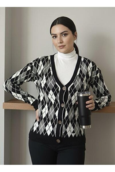 Çeyizcim سترة صوفية منقوشة بالألماس باللونين الأبيض والأسود