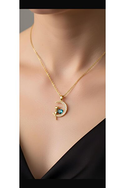 Store Yüzde Yüz Çelik Zincir Altın Kaplama Zirkon Taşlı Kedili Ay Kolye İnce Zincir