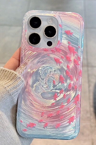 EWEC iPhone 17 Uyumlu Pembe Balıklı Girdap Tasarım Hologram Ins Style Imd Premium Telefon Kılıfı