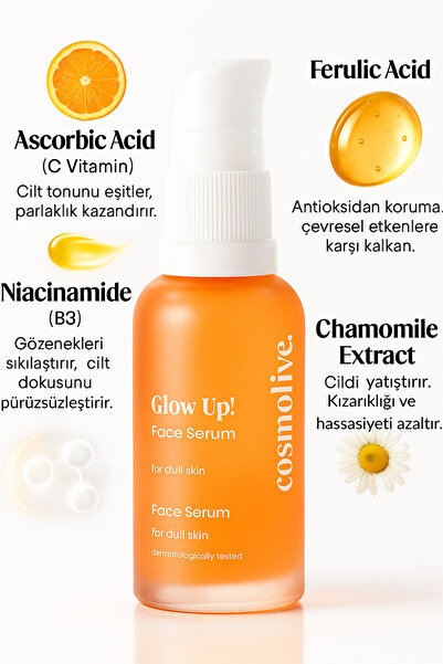 Cosmolive Profesyonel C vitamini Yüz Serum | Aydınlatıcı | Askorbik Asit | Ferulik Asit | Niasinamid | Papatya