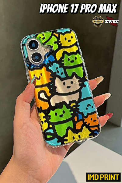 EWEC iPhone 17 Pro Max Uyumlu Renkli Kedi Temalı Sevimli Ins Style Imd Premiu...