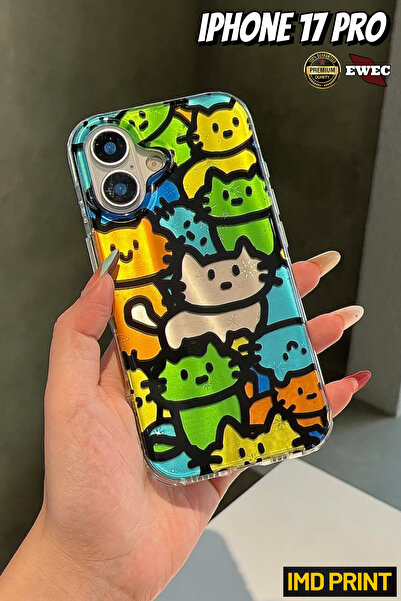 EWEC iPhone 17 Pro Uyumlu Renkli Kedi Temalı Sevimli Ins Style Imd Premium Te...