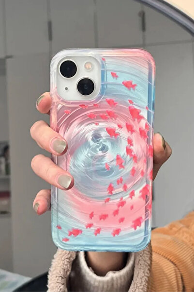 EWEC iPhone 17 Uyumlu Pembe Balıklı Girdap Tasarım Hologram Ins Style Imd Premium Telefon Kılıfı