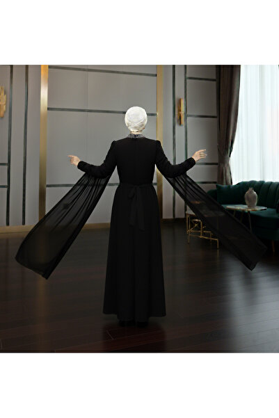 ALA MİRA Kolu Pelerin Taşlı Siyah Tesettür Abiye Elbise ALM52911S